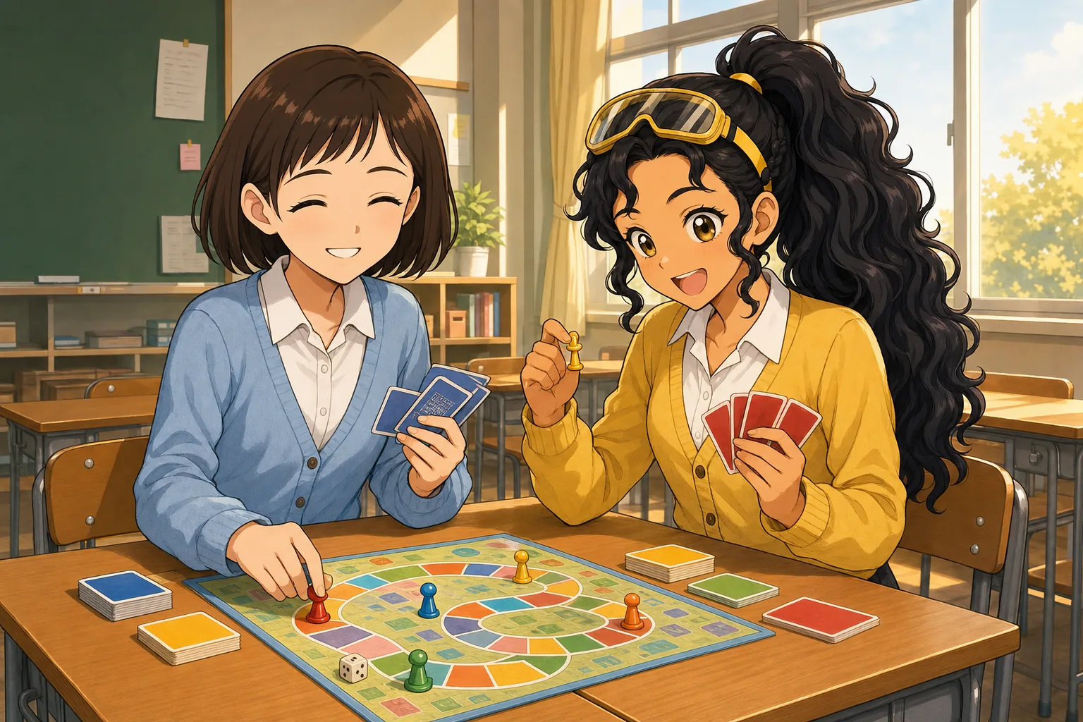 栗原せな、黒崎サニーが放課後の教室でボードゲームを楽しむ様子