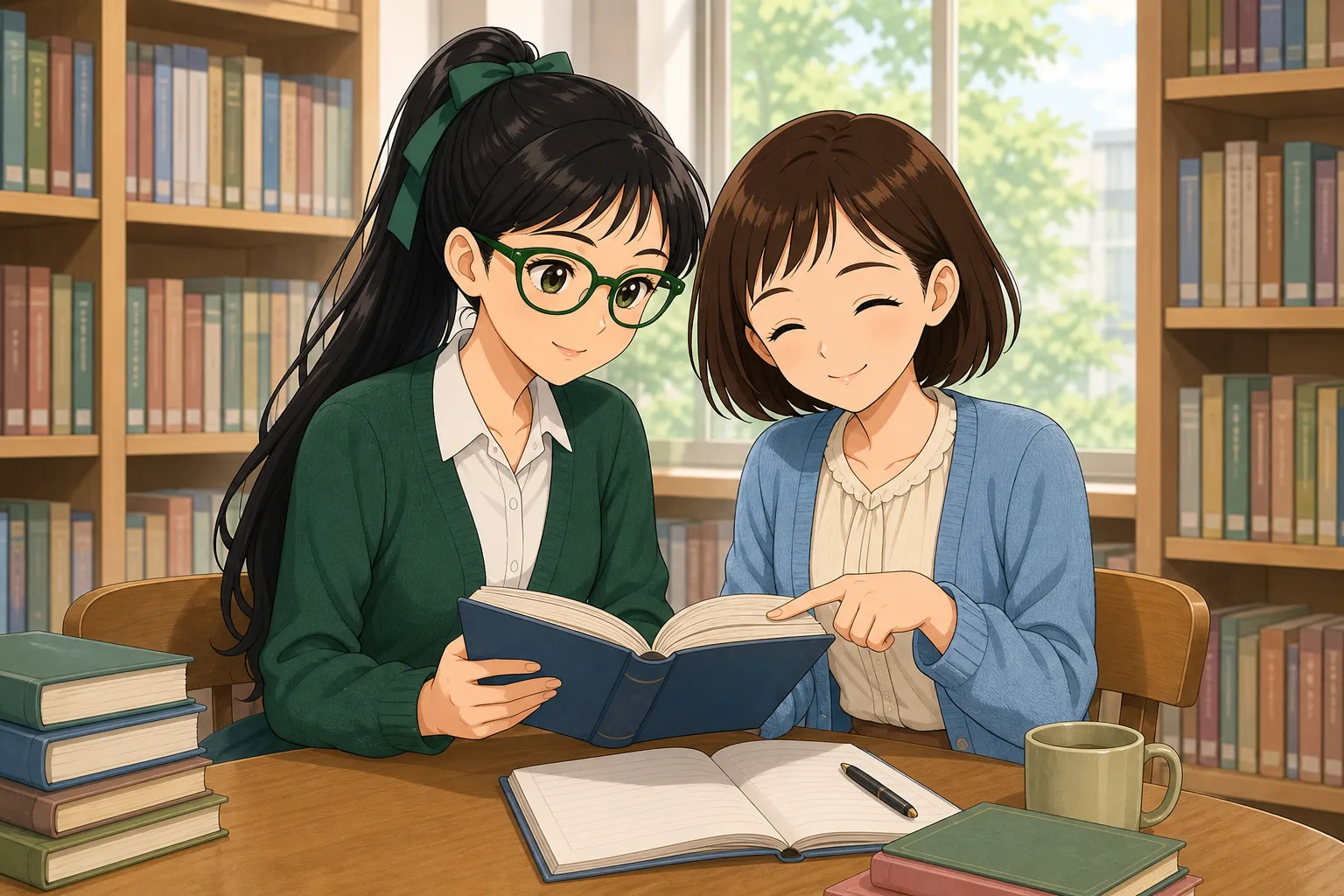 緑川カナ先生、栗原せなが図書室で読書会を楽しむ様子
