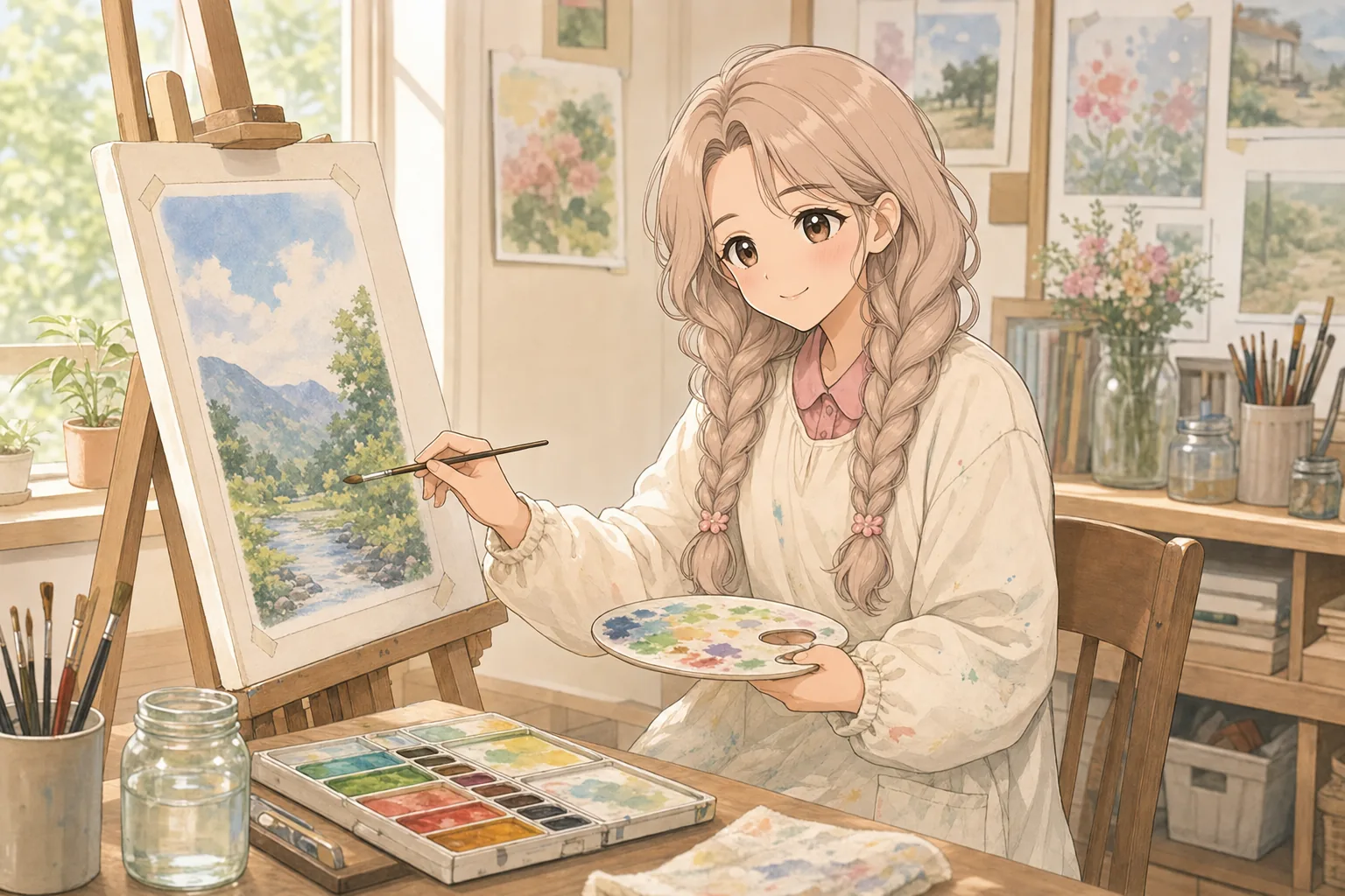 麦倉ふわりが美術室で水彩画を楽しむ様子