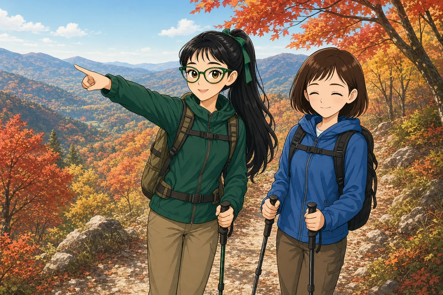 緑川カナ先生、栗原せなが紅葉の山をハイキングを楽しむ様子