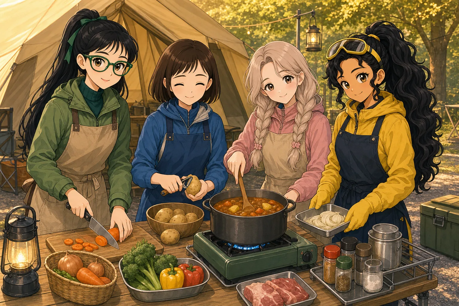 緑川カナ先生、栗原せな、麦倉ふわり、黒崎サニーがキャンプでカレー作りを楽しむ様子