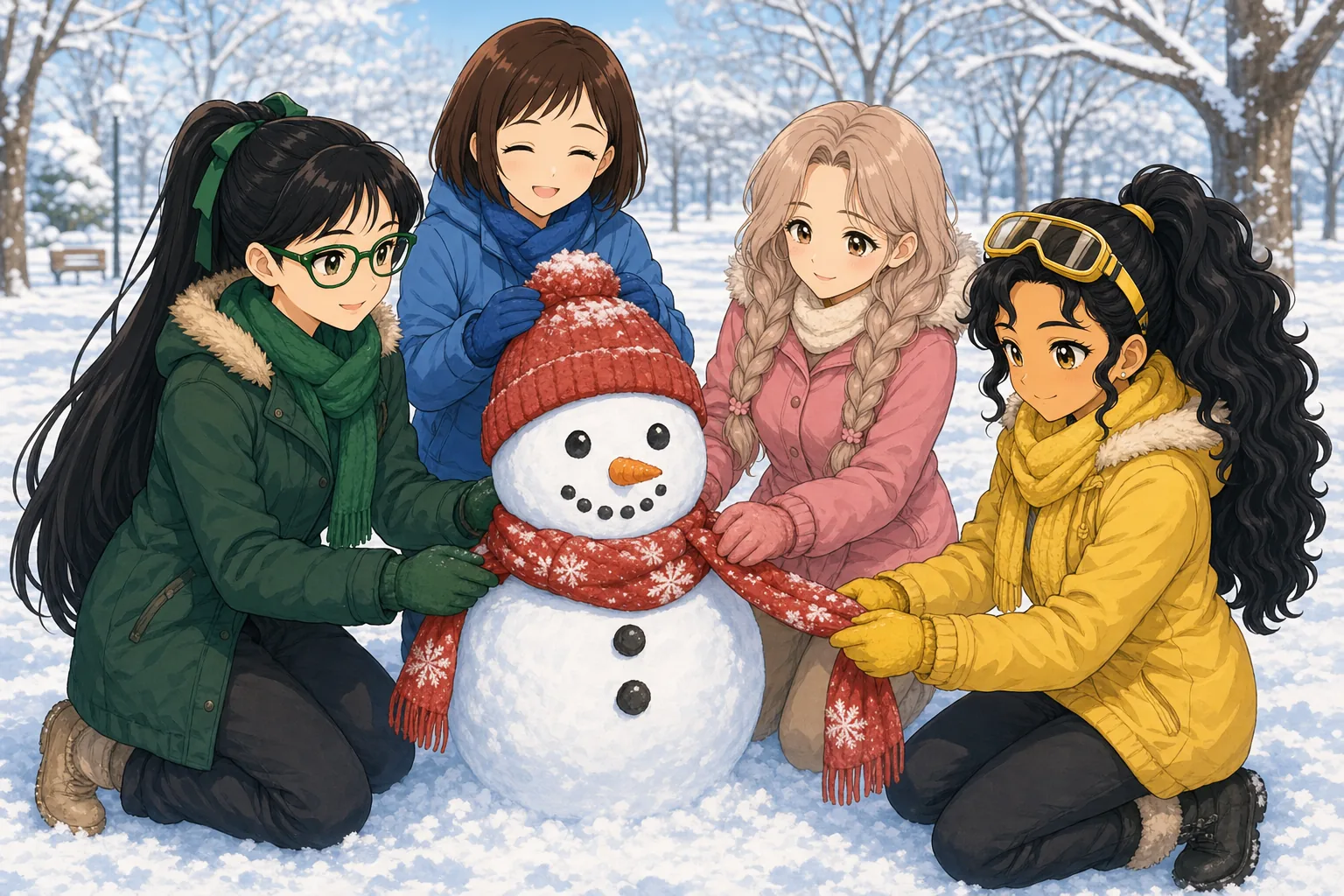 緑川カナ先生、栗原せな、麦倉ふわり、黒崎サニーが雪だるま作りを楽しむ様子