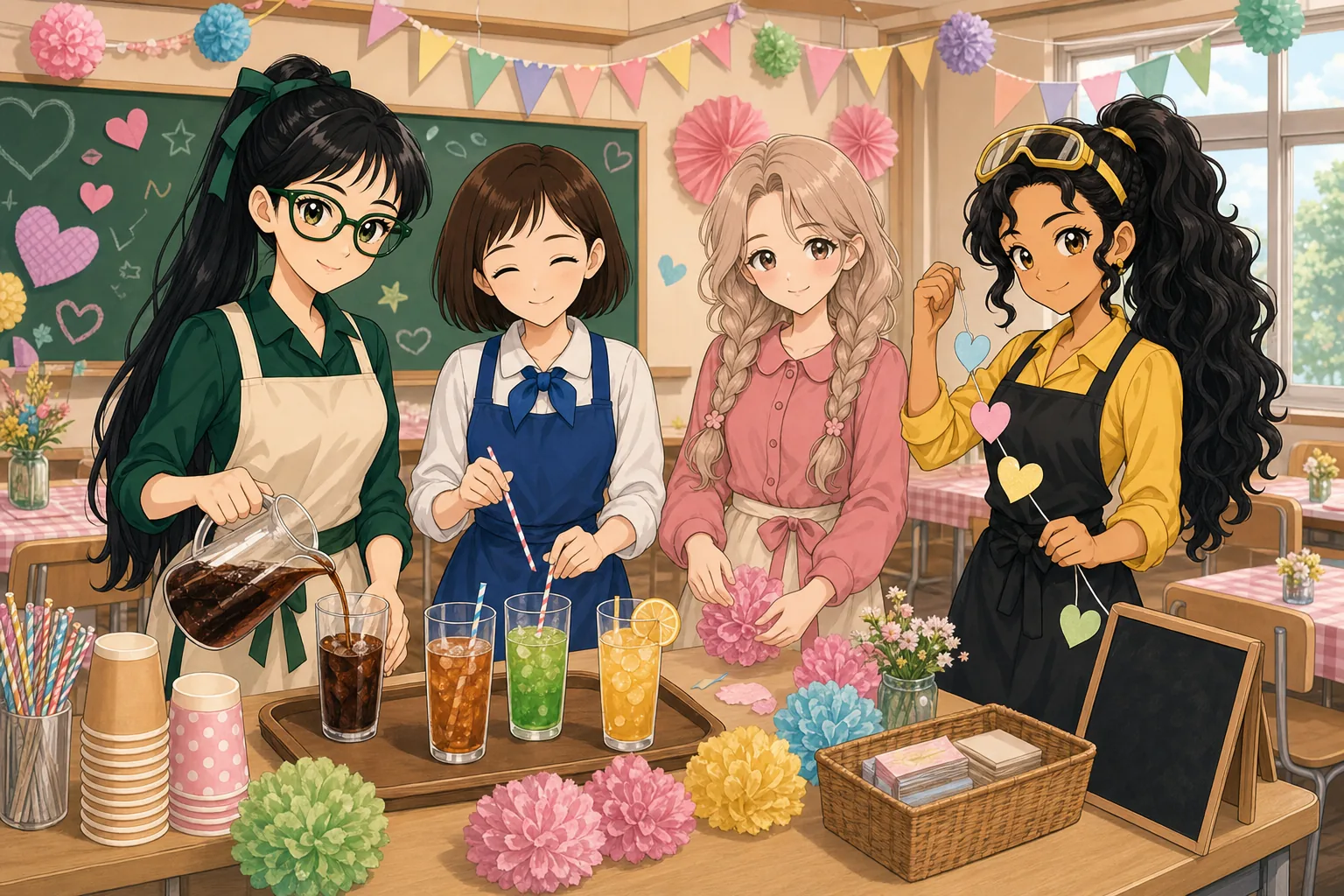 緑川カナ先生、栗原せな、麦倉ふわり、黒崎サニーが文化祭のカフェ準備を楽しむ様子