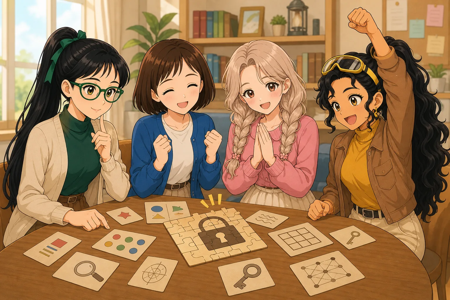 緑川カナ先生、栗原せな、麦倉ふわり、黒崎サニーがテーブル謎解きゲームを楽しむ様子