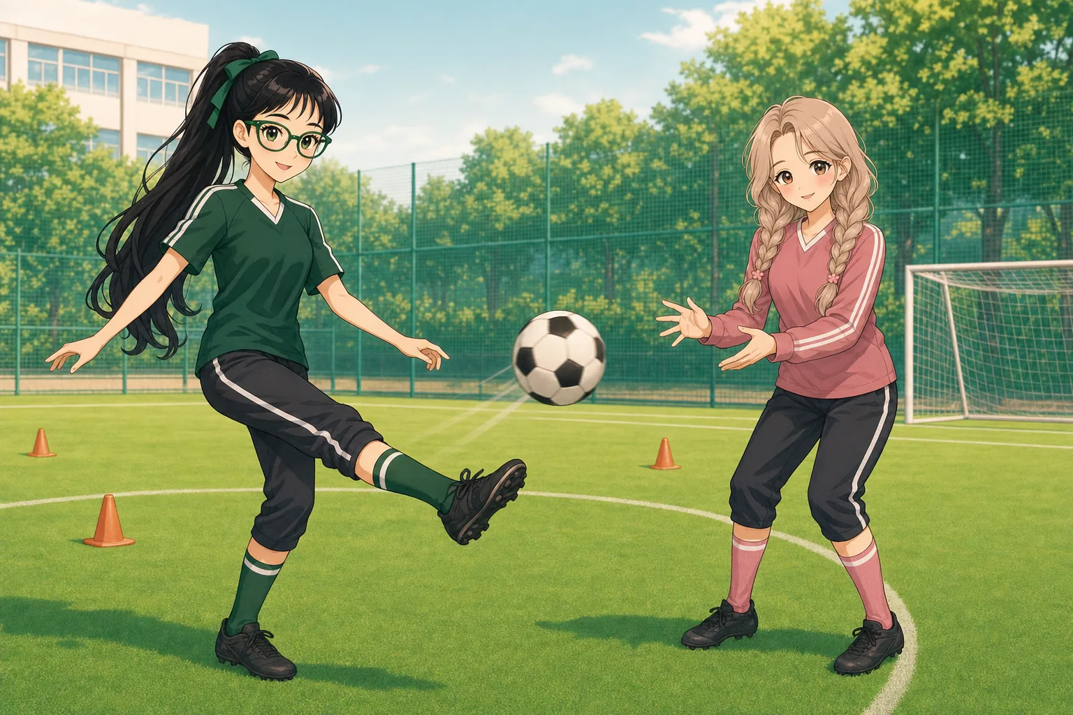 緑川カナ先生、麦倉ふわりがグラウンドでサッカー練習を楽しむ様子